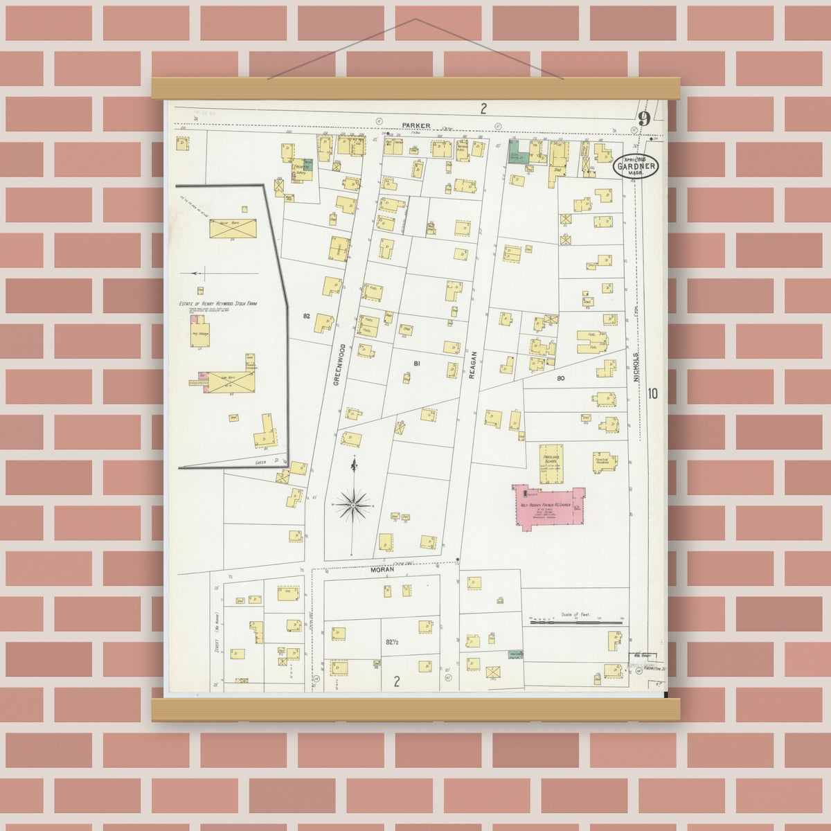 Old map wall art mockup — magnetic wood frame on brick wall — Sanborn Fire Insurance Map from Gardner, Worcester County, Massachusetts (1905), Sheet #0009