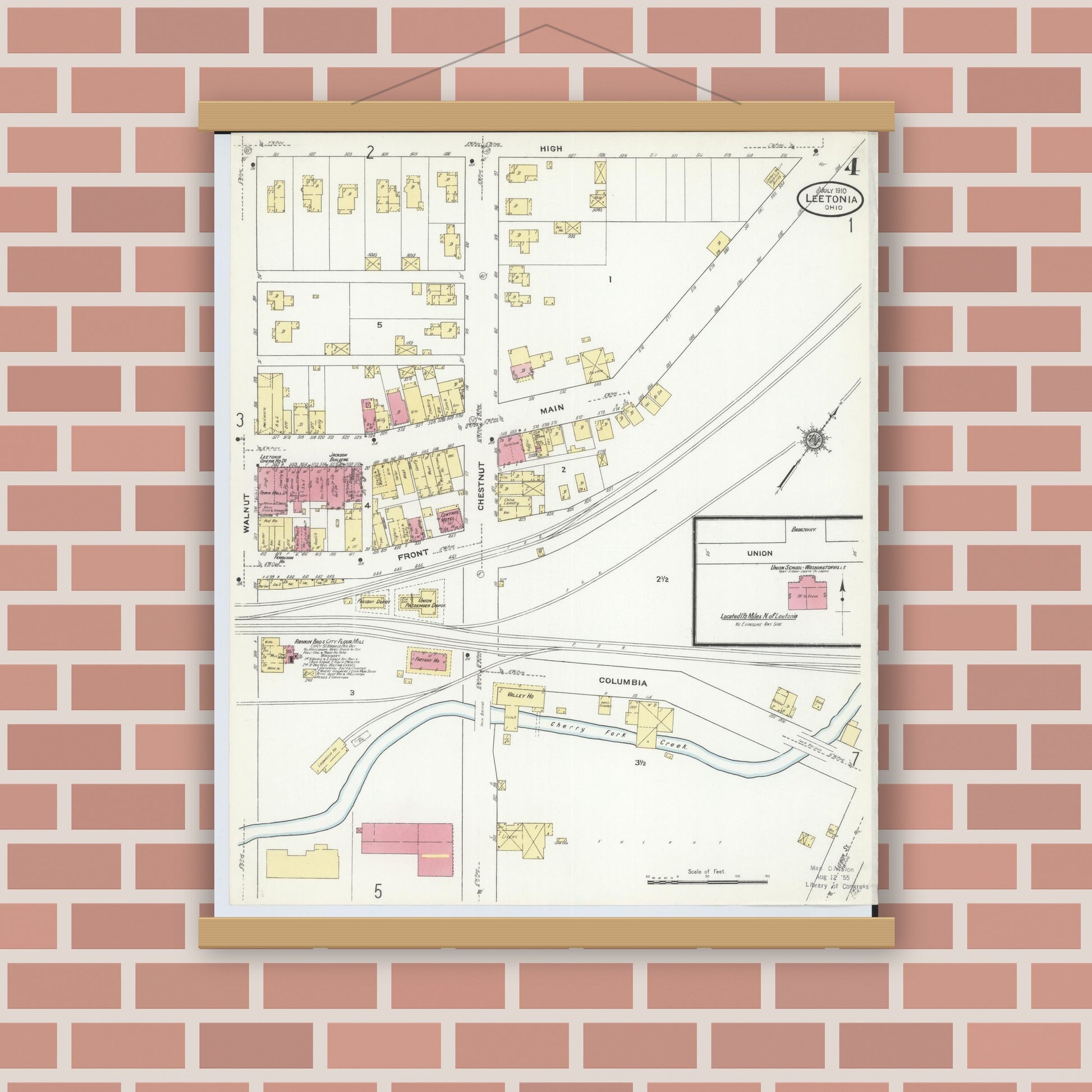 Old map wall art mockup — magnetic wood frame on brick wall — Sanborn Fire Insurance Map from Leetonia, Columbiana County, Ohio (1910), Sheet #0004