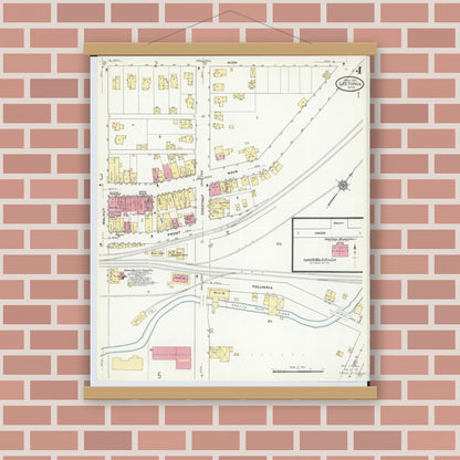 Old map wall art mockup — magnetic wood frame on brick wall — Sanborn Fire Insurance Map from Leetonia, Columbiana County, Ohio (1910), Sheet #0004