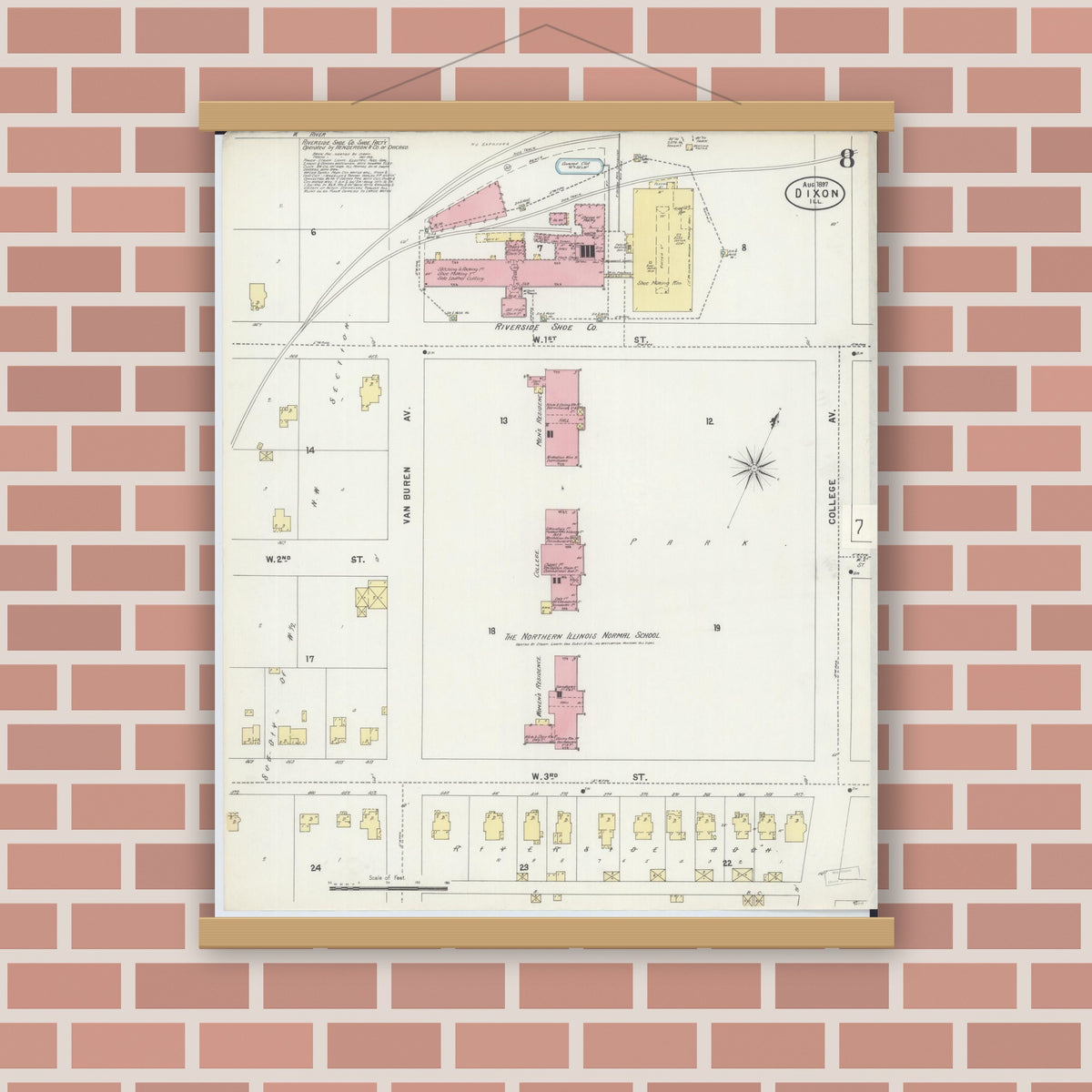 Old map wall art mockup — magnetic wood frame on brick wall — Sanborn Fire Insurance Map from Dixon, Lee County, Illinois (1897), Sheet #0008