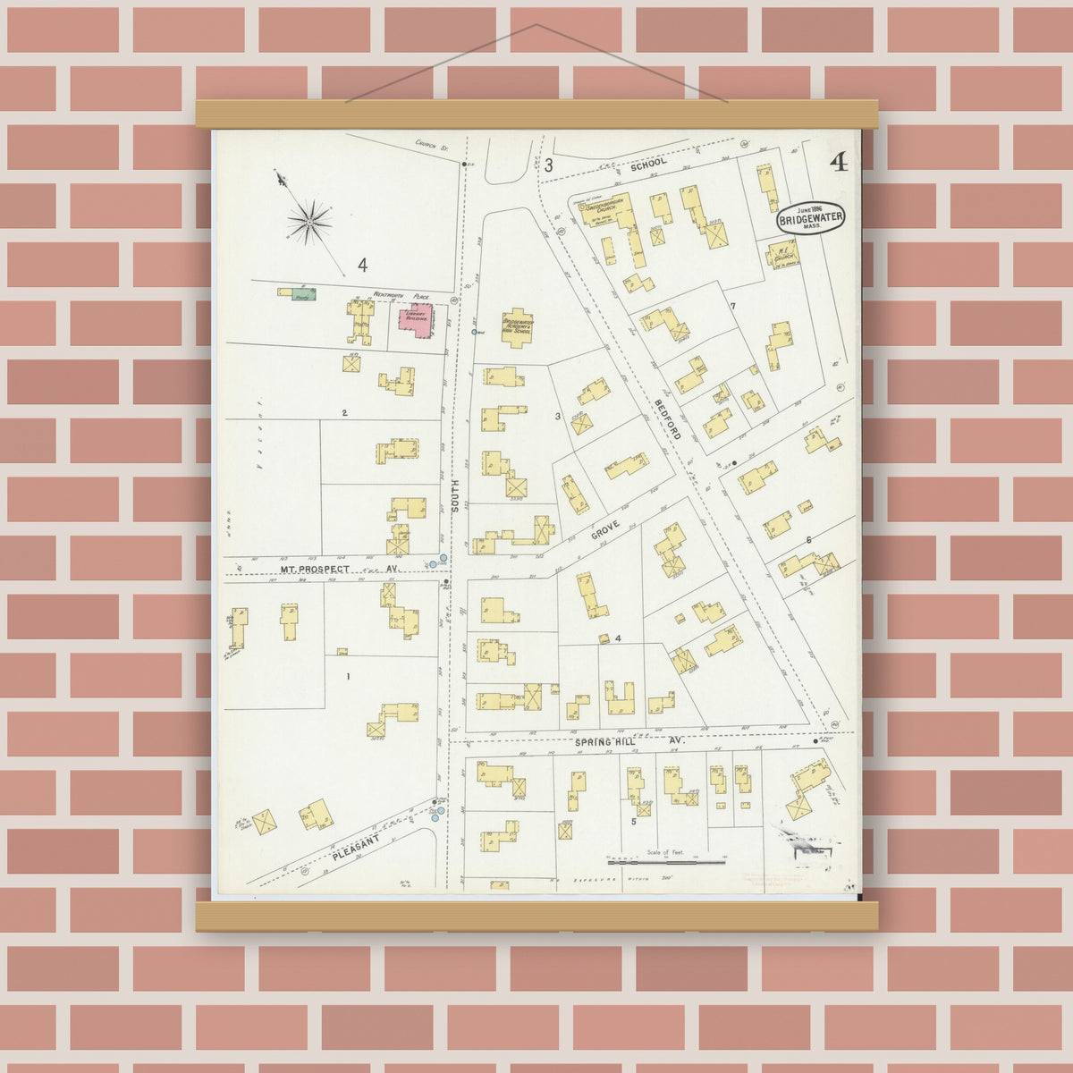 Old map wall art mockup — magnetic wood frame on brick wall — Sanborn Fire Insurance Map from Bridgewater, Plymouth County, Massachusetts (1896), Sheet #0004