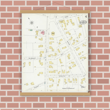 Old map wall art mockup — magnetic wood frame on brick wall — Sanborn Fire Insurance Map from Bridgewater, Plymouth County, Massachusetts (1896), Sheet #0004
