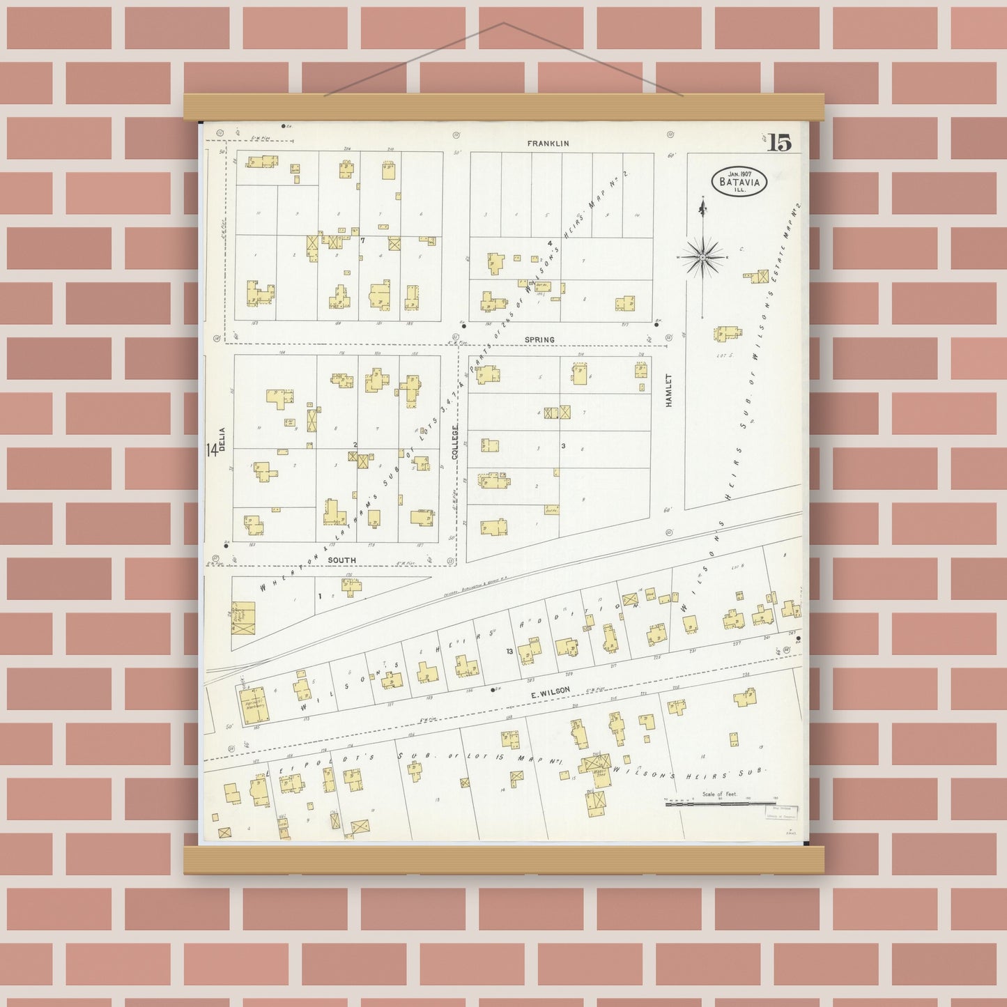 Old map wall art mockup — magnetic wood frame on brick wall — Sanborn Fire Insurance Map from Batavia, Kane County, Illinois (1907), Sheet #0015