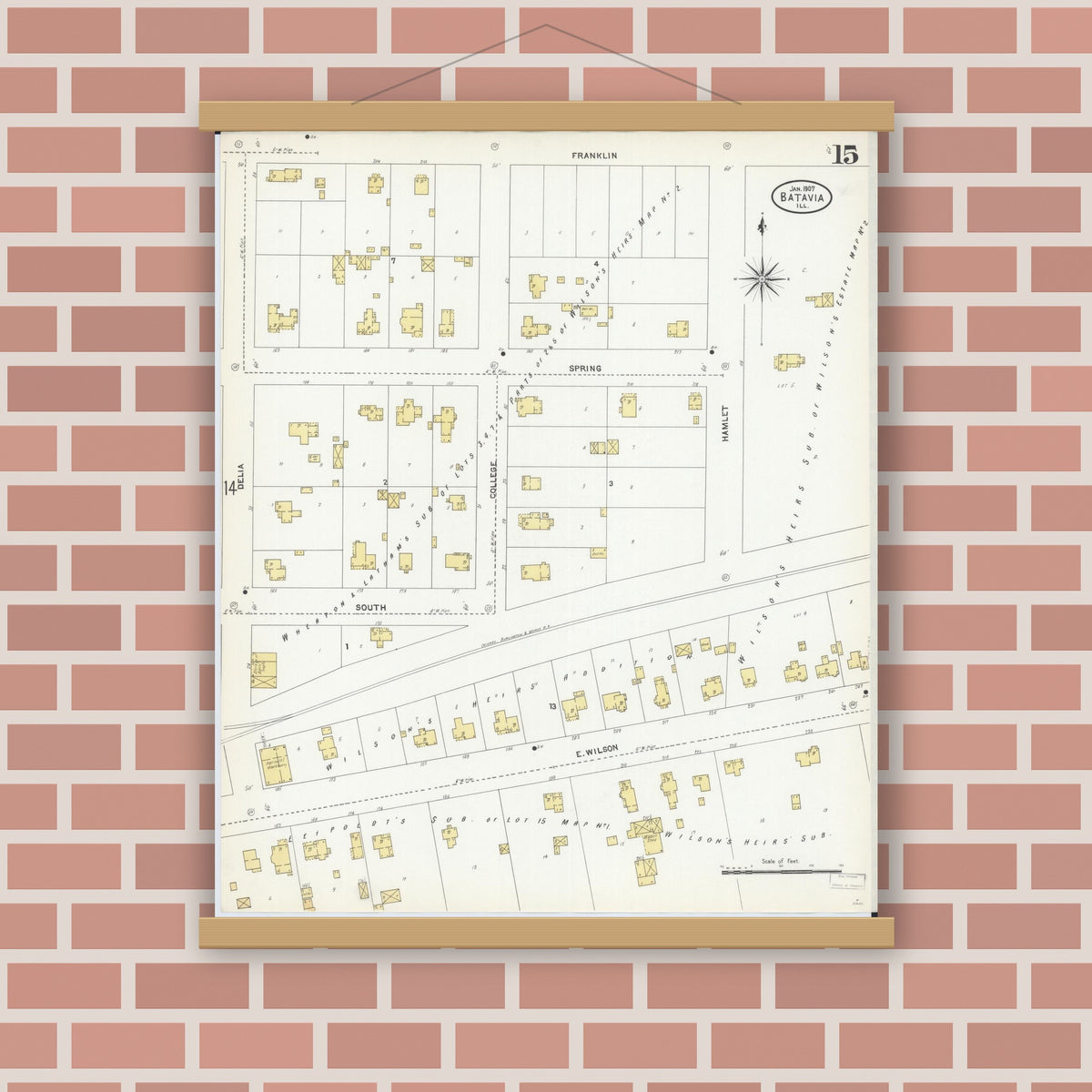Old map wall art mockup — magnetic wood frame on brick wall — Sanborn Fire Insurance Map from Batavia, Kane County, Illinois (1907), Sheet #0015
