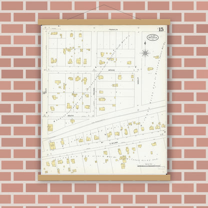 Old map wall art mockup — magnetic wood frame on brick wall — Sanborn Fire Insurance Map from Batavia, Kane County, Illinois (1907), Sheet #0015