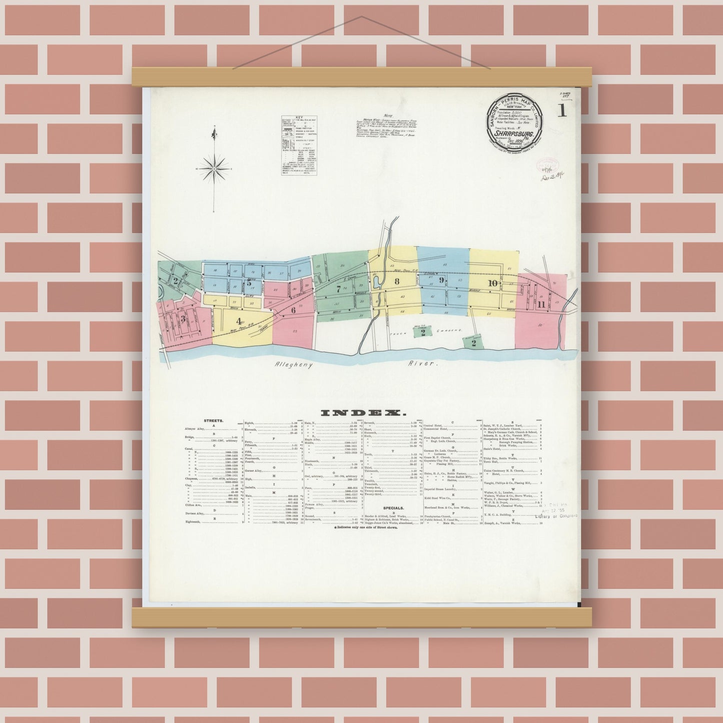 Old map wall art mockup — magnetic wood frame on brick wall — Sanborn Fire Insurance Map from Sharpsburg, Allegheny County, Pennsylvania (1896), Sheet #0001