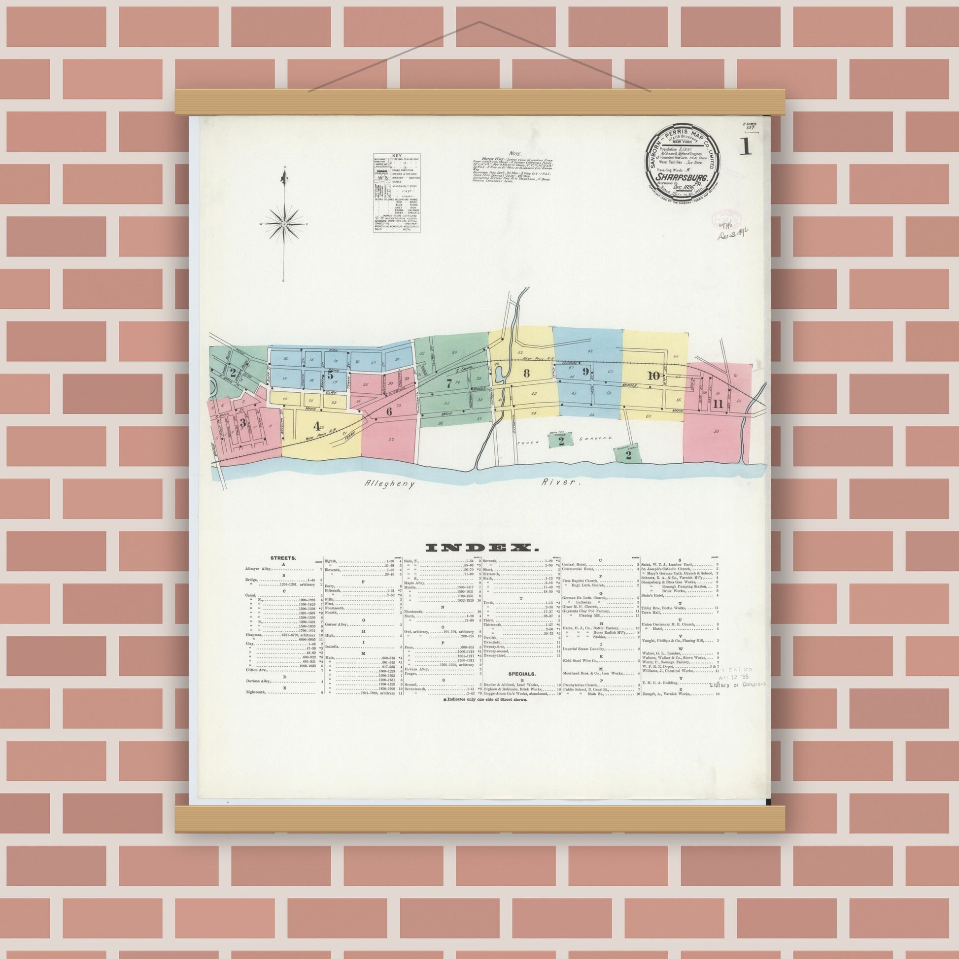 Old map wall art mockup — magnetic wood frame on brick wall — Sanborn Fire Insurance Map from Sharpsburg, Allegheny County, Pennsylvania (1896), Sheet #0001