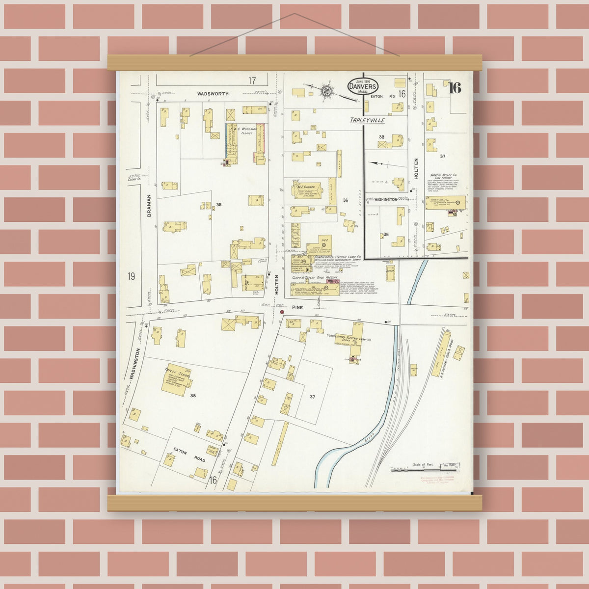 Old map wall art mockup — magnetic wood frame on brick wall — Sanborn Fire Insurance Map from Danvers, Essex County, Massachusetts (1916), Sheet #0016