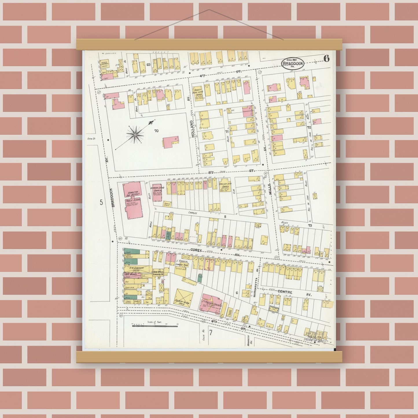 Old map wall art mockup — magnetic wood frame on brick wall — Sanborn Fire Insurance Map from Braddock, Allegheny County, Pennsylvania (1901), Sheet #0006
