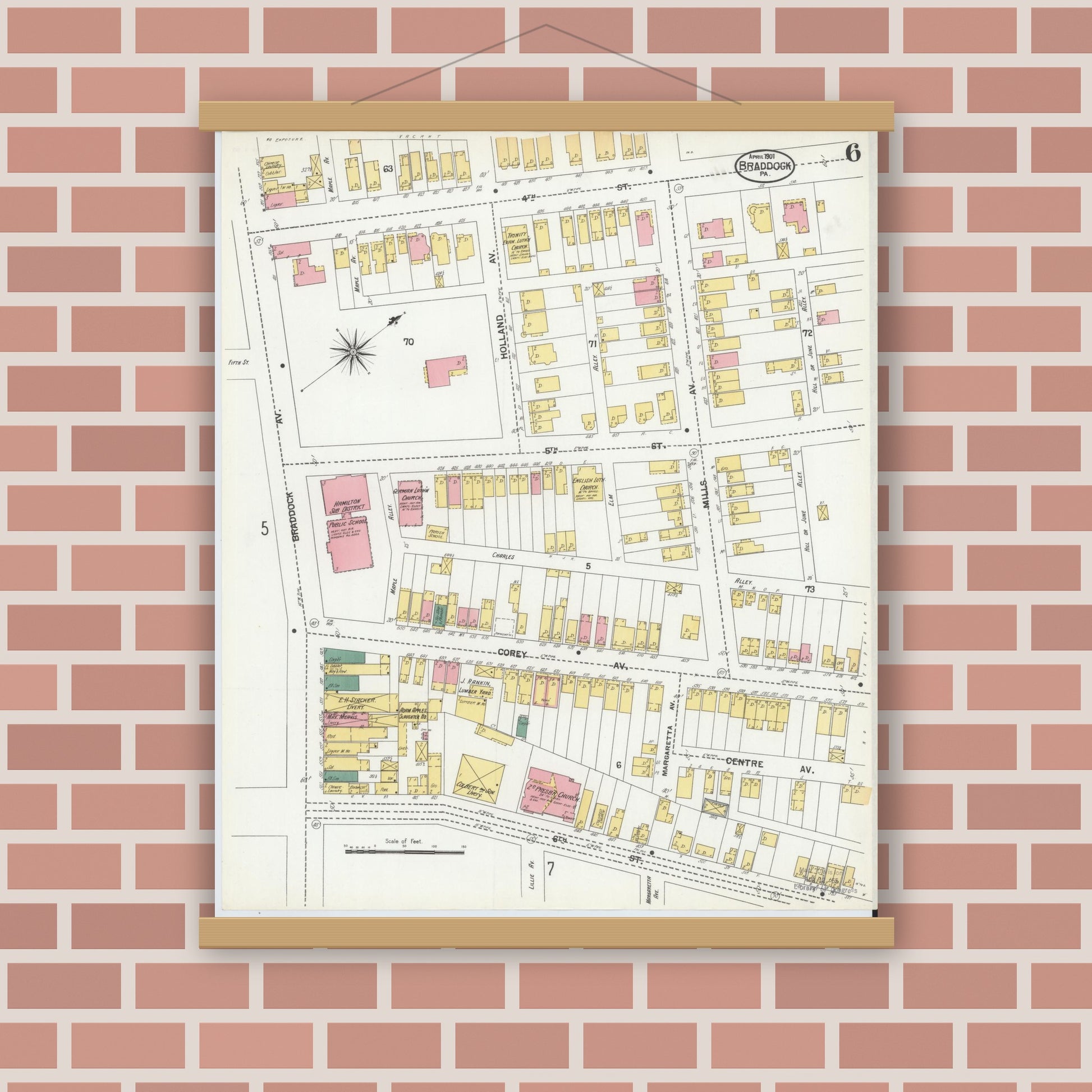Old map wall art mockup — magnetic wood frame on brick wall — Sanborn Fire Insurance Map from Braddock, Allegheny County, Pennsylvania (1901), Sheet #0006