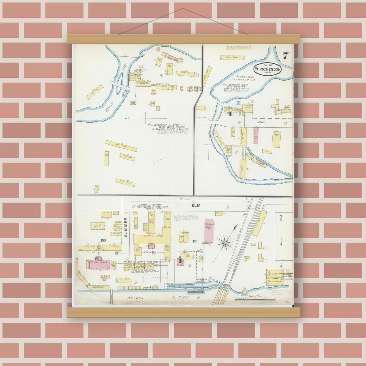 Old map wall art mockup — magnetic wood frame on brick wall — Sanborn Fire Insurance Map from Winchendon, Worcester County, Massachusetts (1892), Sheet #0007
