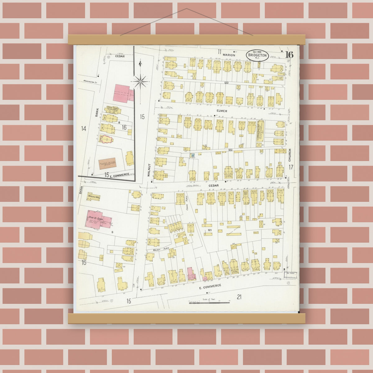 Old map wall art mockup — magnetic wood frame on brick wall — Sanborn Fire Insurance Map from Bridgeton, Cumberland County, New Jersey (1908), Sheet #0016