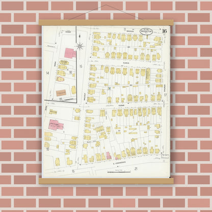 Old map wall art mockup — magnetic wood frame on brick wall — Sanborn Fire Insurance Map from Bridgeton, Cumberland County, New Jersey (1908), Sheet #0016