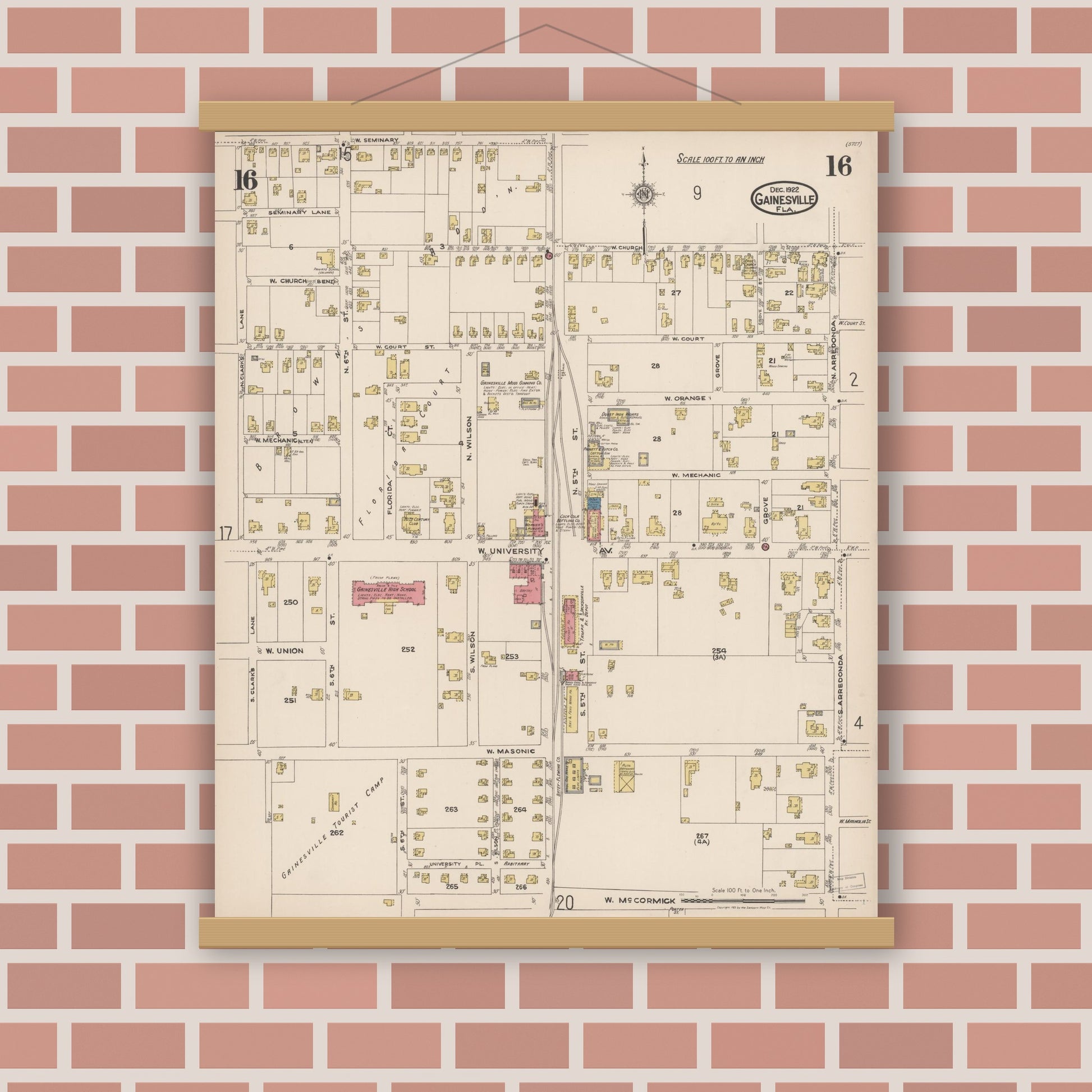 Old map wall art mockup — magnetic wood frame on brick wall — Sanborn Fire Insurance Map from Gainesville, Alachua County, Florida (1922), Sheet #0016