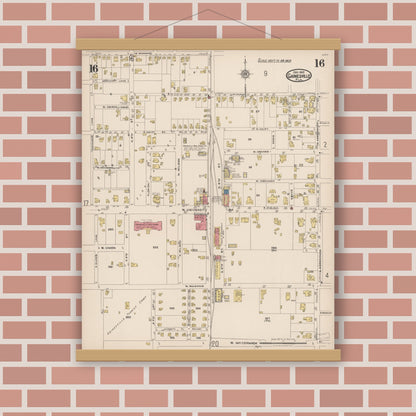 Old map wall art mockup — magnetic wood frame on brick wall — Sanborn Fire Insurance Map from Gainesville, Alachua County, Florida (1922), Sheet #0016