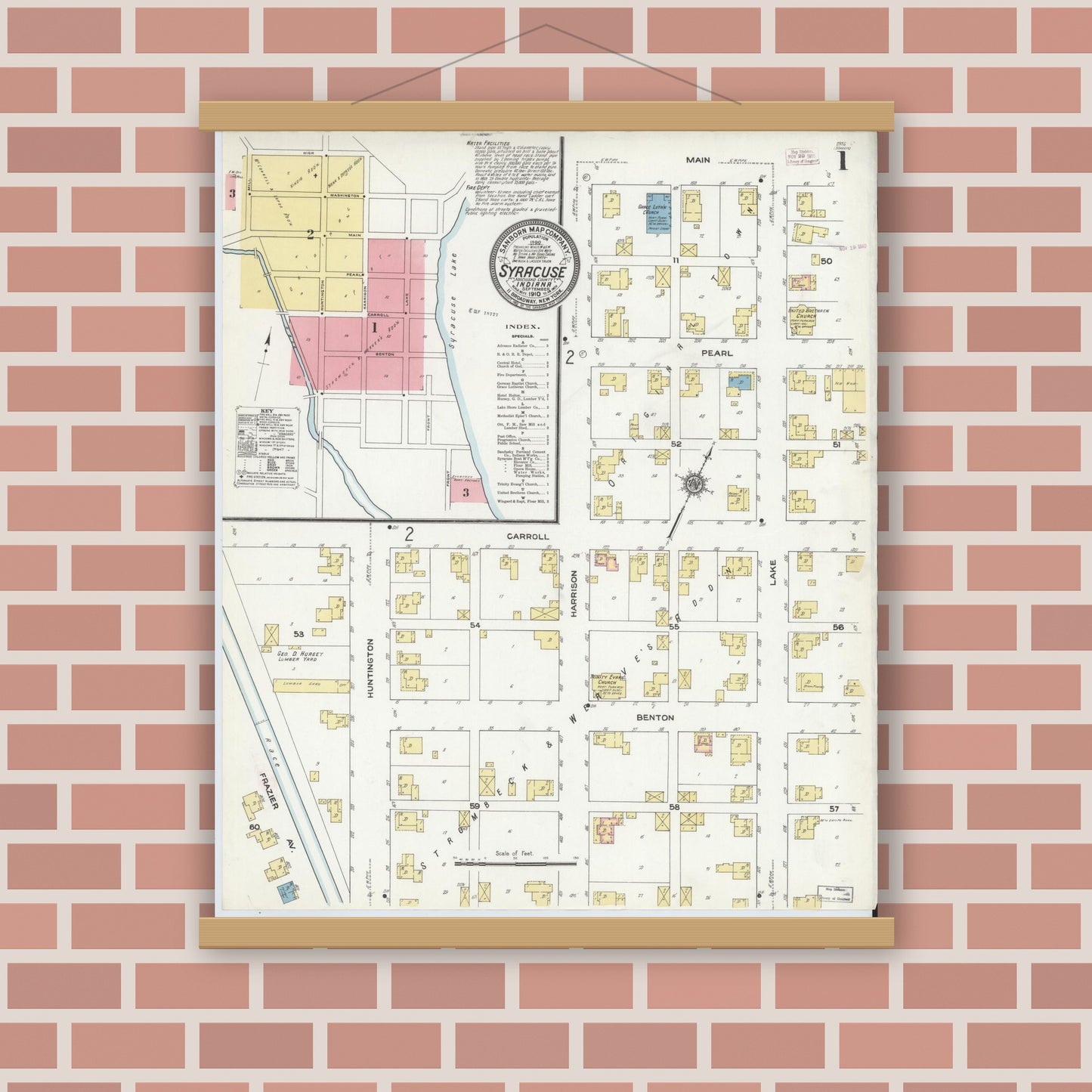 Old map wall art mockup — magnetic wood frame on brick wall — Sanborn Fire Insurance Map from Syracuse, Kosciusko County, Indiana (1910) - Complete Map Set
