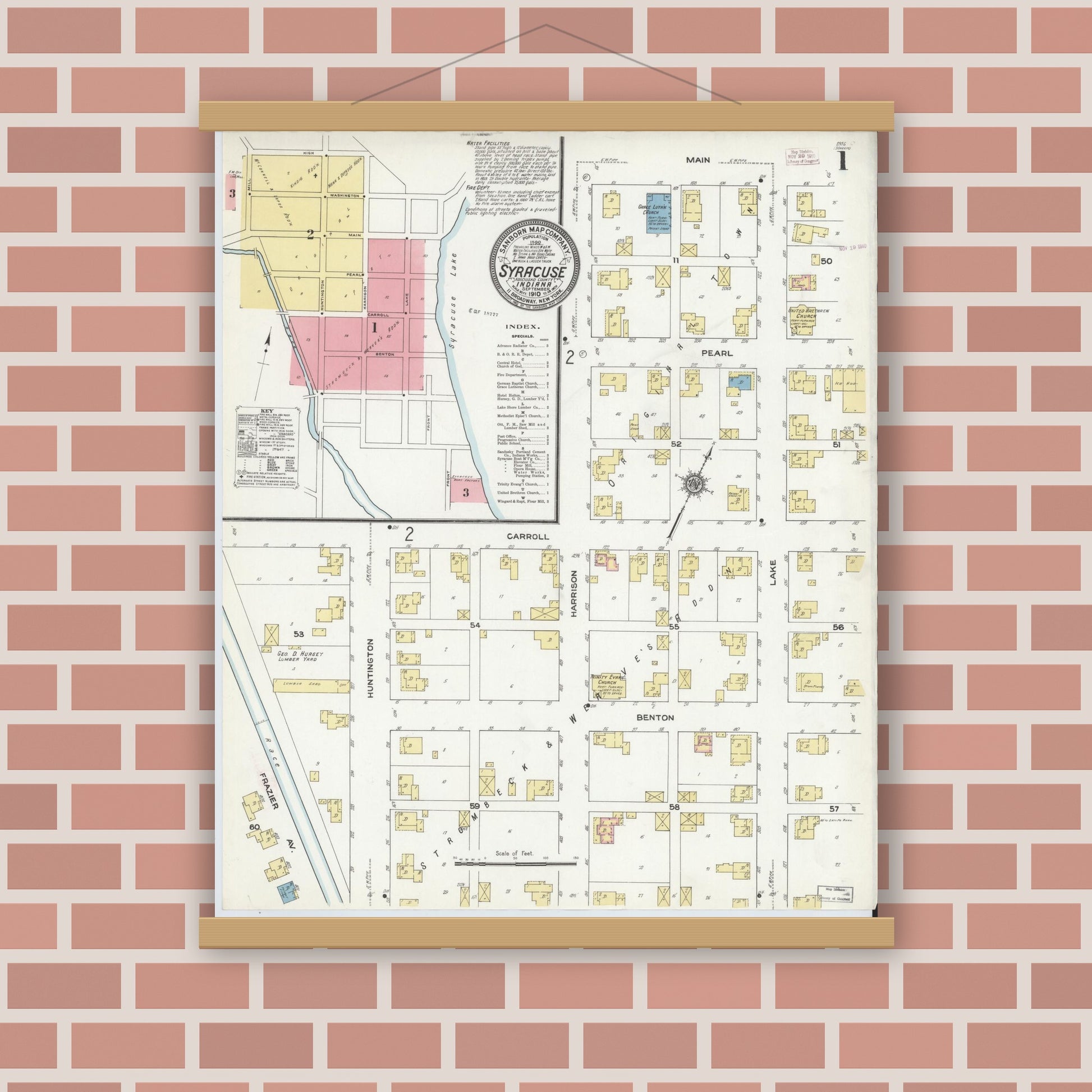 Old map wall art mockup — magnetic wood frame on brick wall — Sanborn Fire Insurance Map from Syracuse, Kosciusko County, Indiana (1910) - Complete Map Set