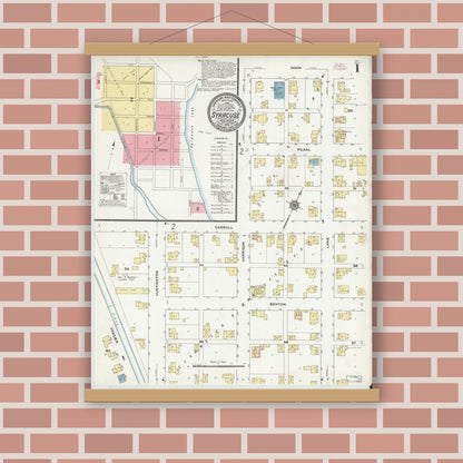 Old map wall art mockup — magnetic wood frame on brick wall — Sanborn Fire Insurance Map from Syracuse, Kosciusko County, Indiana (1910) - Complete Map Set