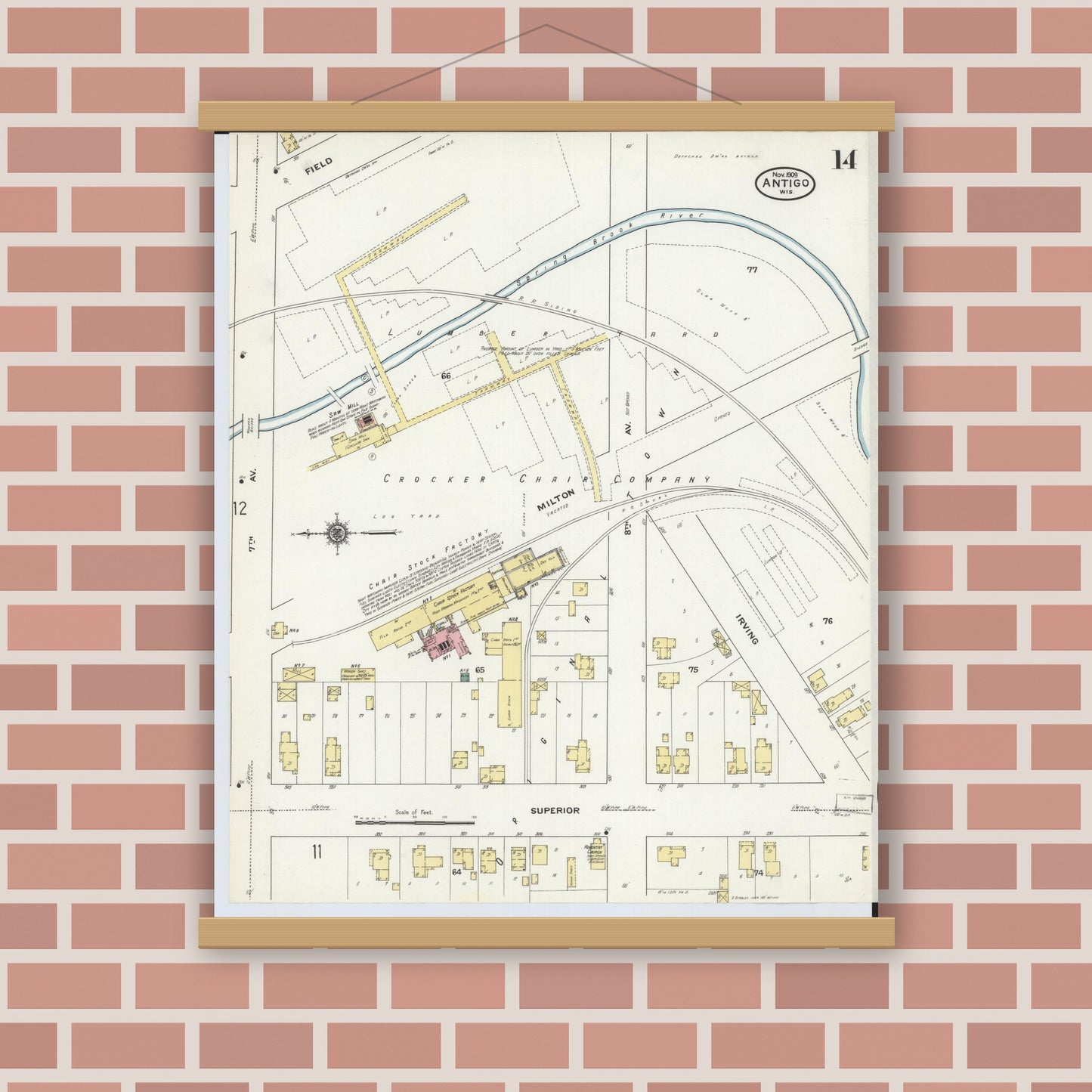 Old map wall art mockup — magnetic wood frame on brick wall — Sanborn Fire Insurance Map from Antigo, Langlade County, Wisconsin (1909), Sheet #0014
