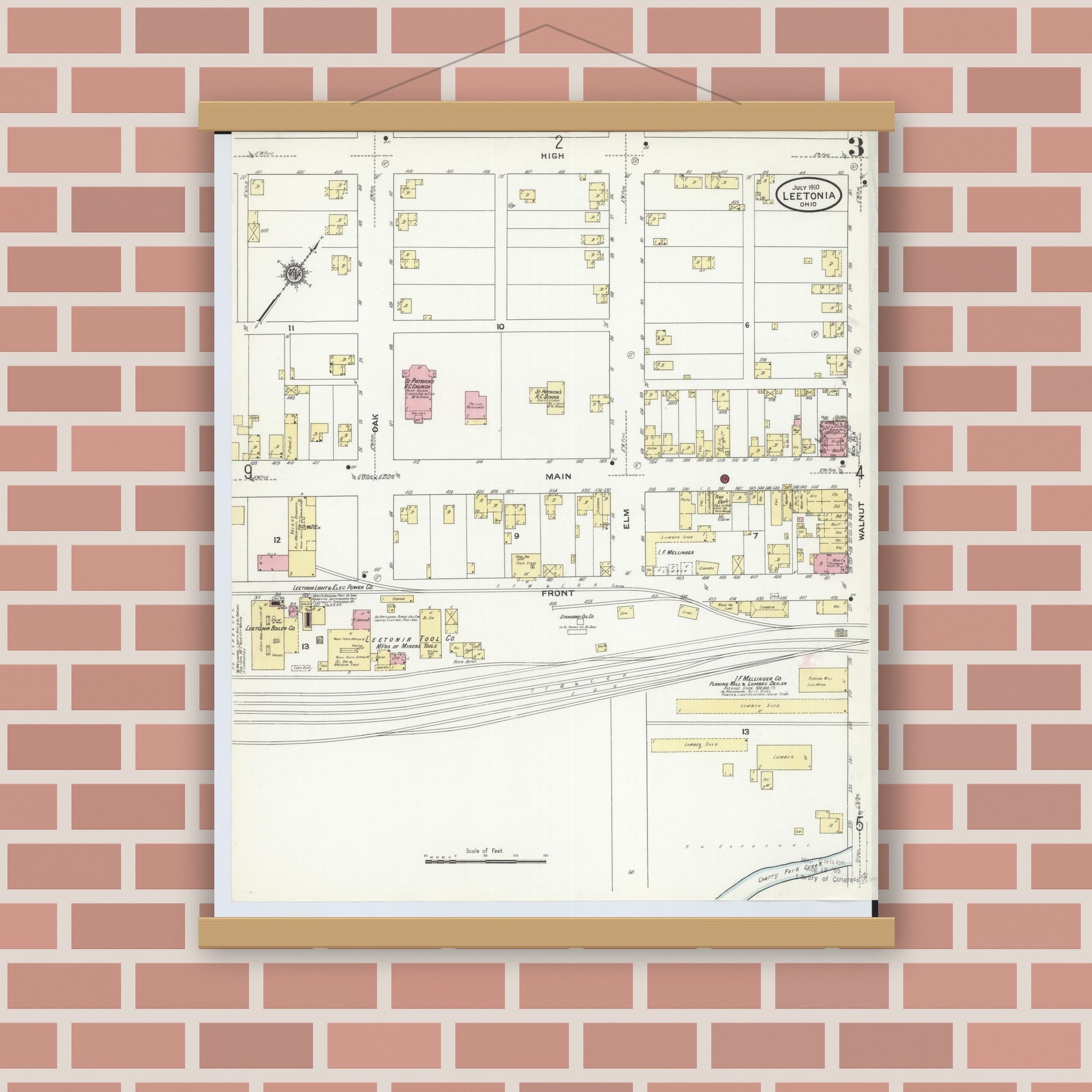 Old map wall art mockup — magnetic wood frame on brick wall — Sanborn Fire Insurance Map from Leetonia, Columbiana County, Ohio (1910), Sheet #0003