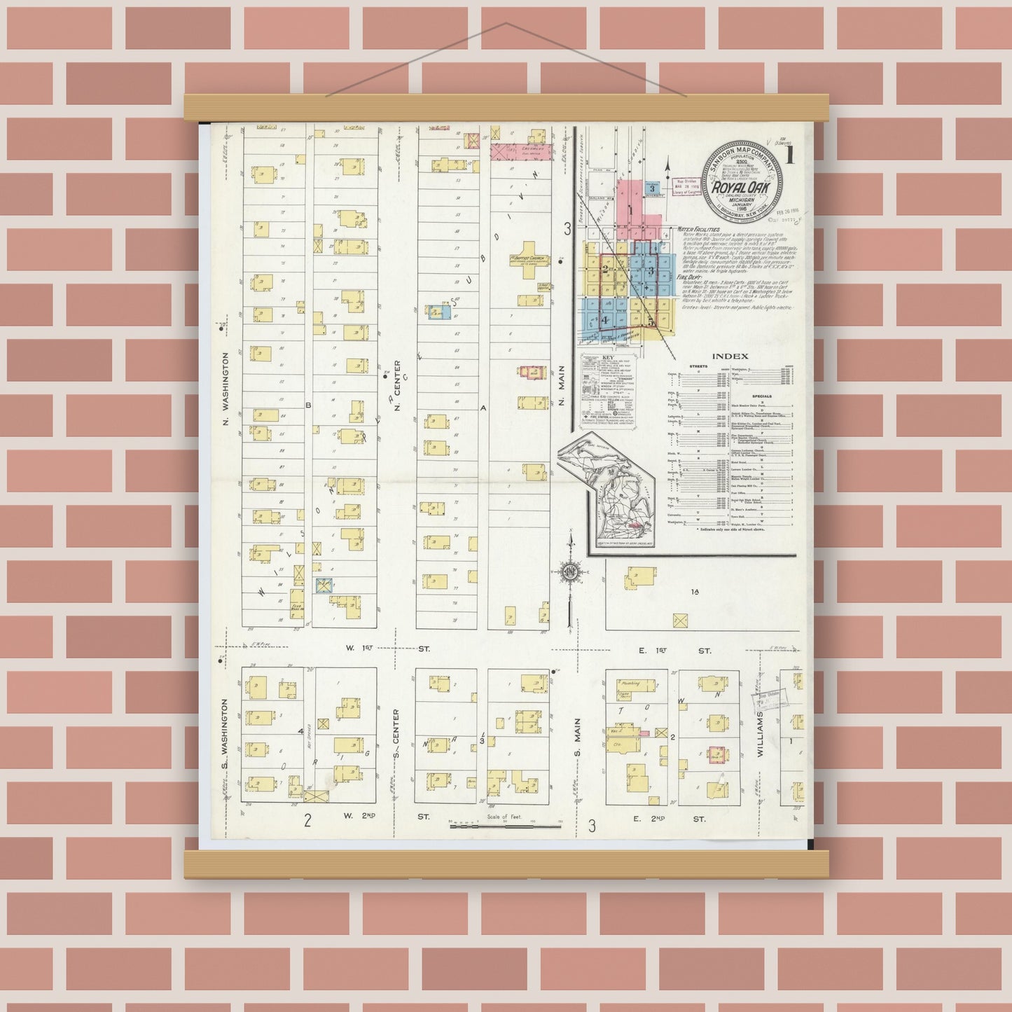 Old map wall art mockup — magnetic wood frame on brick wall — Sanborn Fire Insurance Map from Royal Oak, Oakland County, Michigan (1916) - Complete Map Set