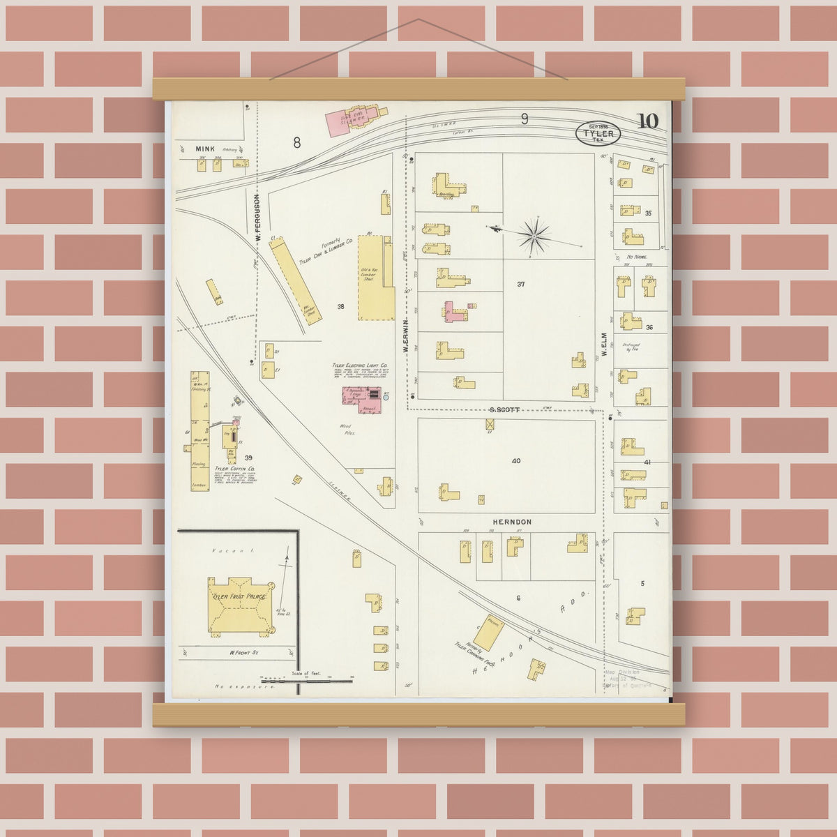 Old map wall art mockup — magnetic wood frame on brick wall — Sanborn Fire Insurance Map from Tyler, Smith County, Texas (1898), Sheet #0010