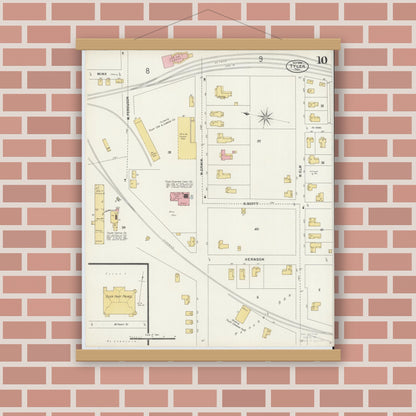 Old map wall art mockup — magnetic wood frame on brick wall — Sanborn Fire Insurance Map from Tyler, Smith County, Texas (1898), Sheet #0010