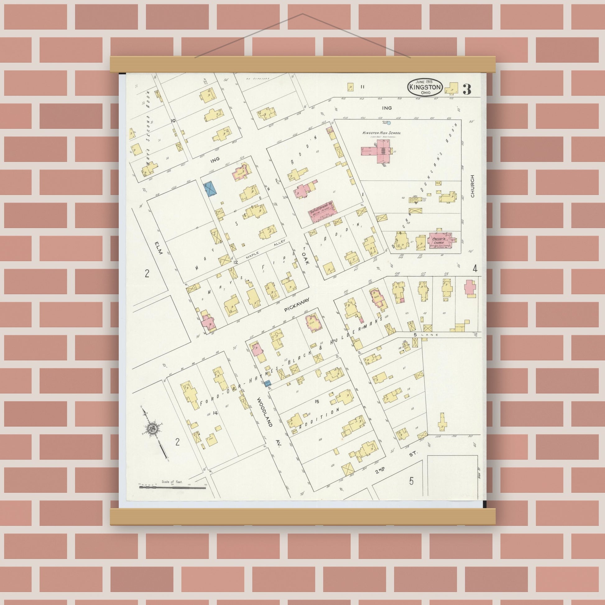 Old map wall art mockup — magnetic wood frame on brick wall — Sanborn Fire Insurance Map from Kingston, Ross County, Ohio (1915), Sheet #0003