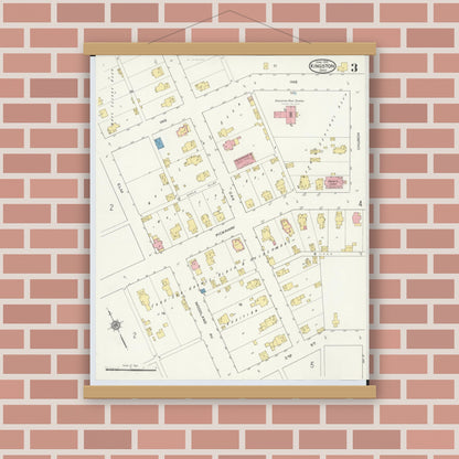 Old map wall art mockup — magnetic wood frame on brick wall — Sanborn Fire Insurance Map from Kingston, Ross County, Ohio (1915), Sheet #0003