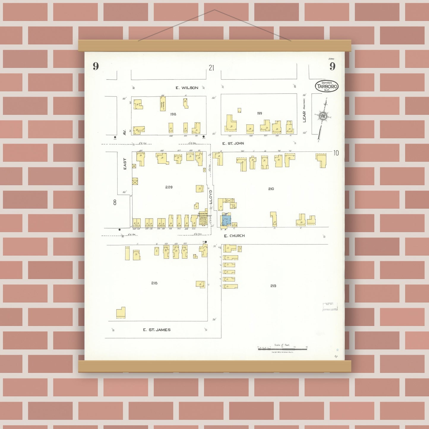 Old map wall art mockup — magnetic wood frame on brick wall — Sanborn Fire Insurance Map from Tarboro, Edgecombe County, North Carolina (1923), Sheet #0009