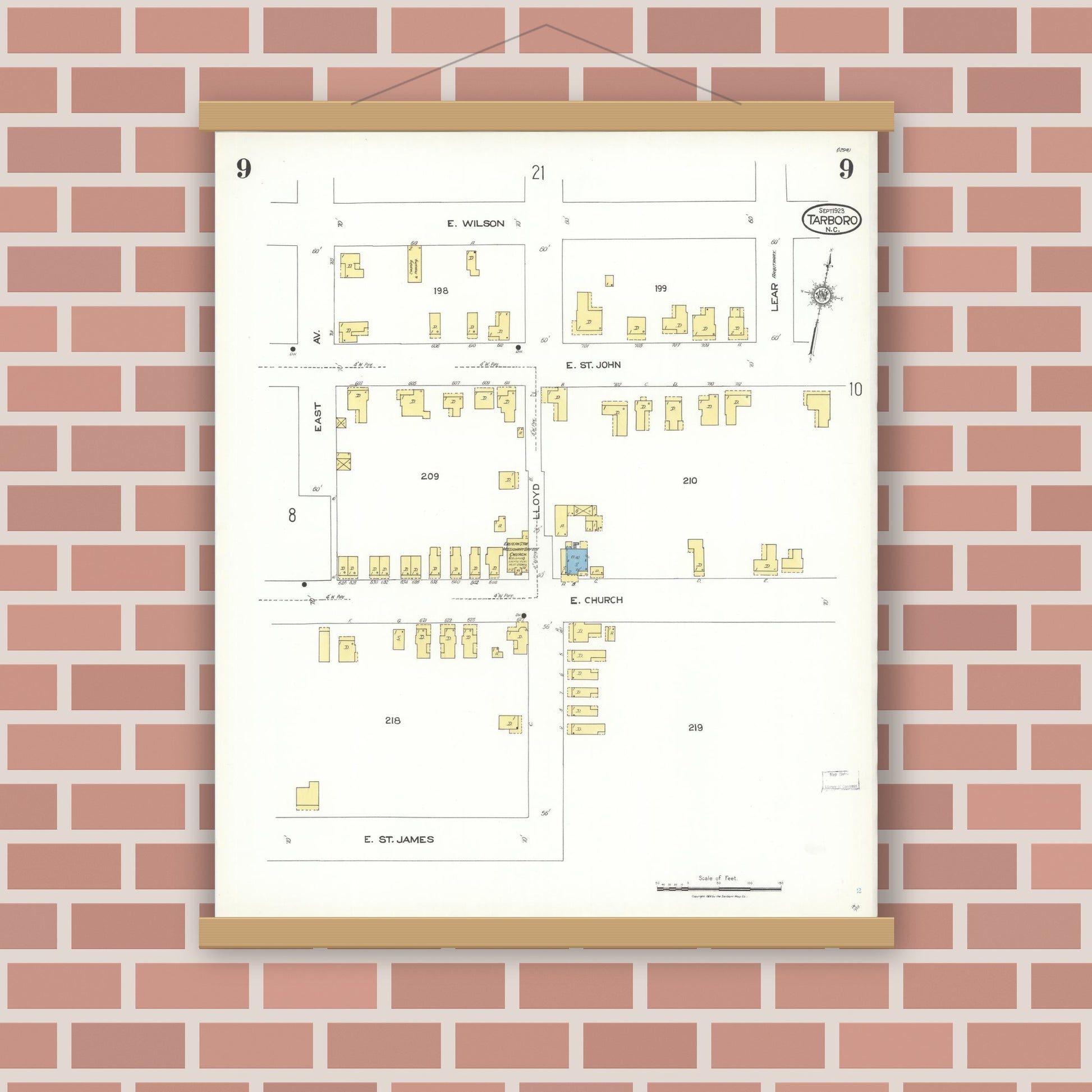 Old map wall art mockup — magnetic wood frame on brick wall — Sanborn Fire Insurance Map from Tarboro, Edgecombe County, North Carolina (1923), Sheet #0009