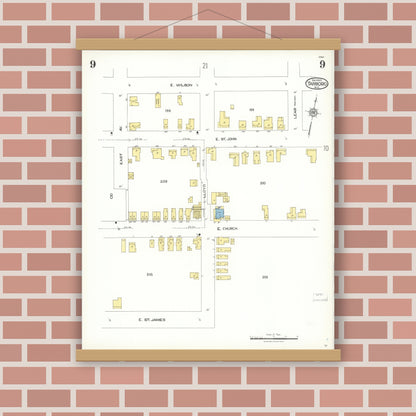 Old map wall art mockup — magnetic wood frame on brick wall — Sanborn Fire Insurance Map from Tarboro, Edgecombe County, North Carolina (1923), Sheet #0009