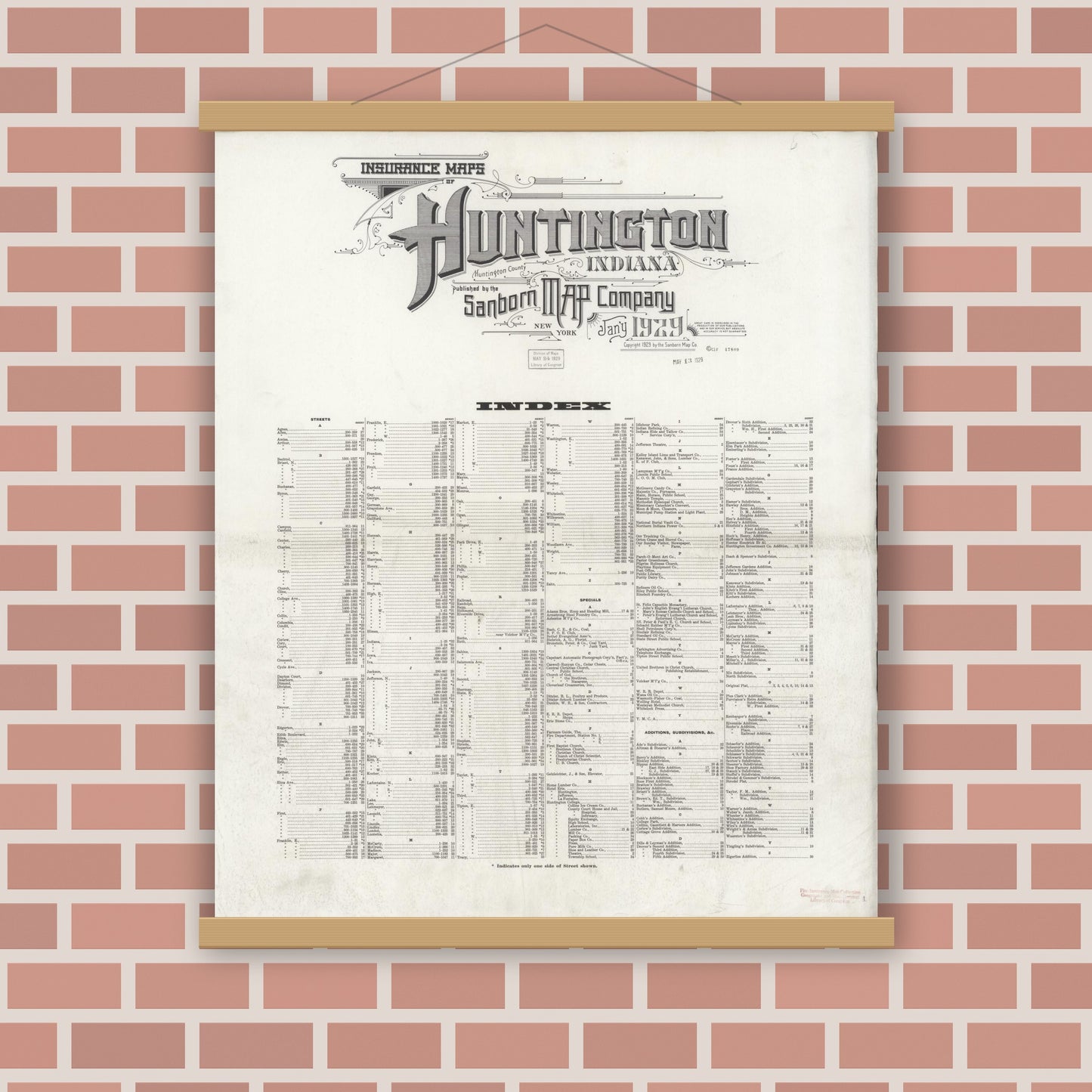 Old map wall art mockup — magnetic wood frame on brick wall — Sanborn Fire Insurance Map from Huntington, Huntington County, Indiana (1929), Sheet #0001