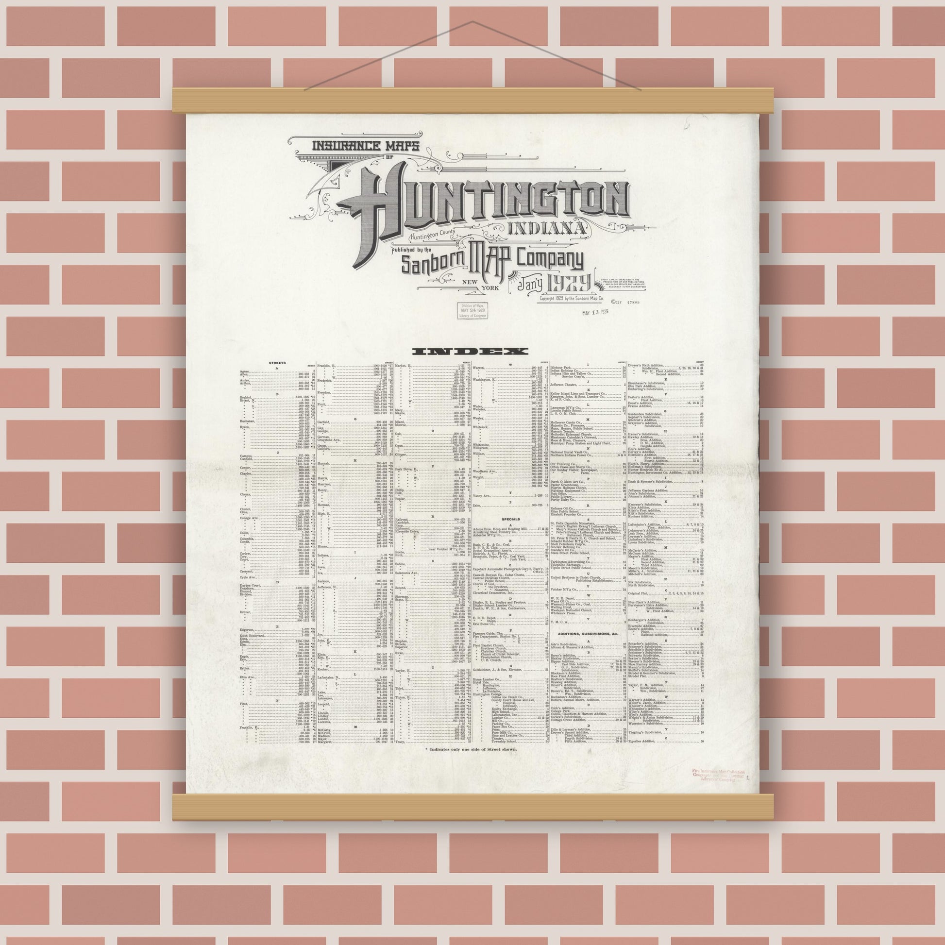 Old map wall art mockup — magnetic wood frame on brick wall — Sanborn Fire Insurance Map from Huntington, Huntington County, Indiana (1929), Sheet #0001
