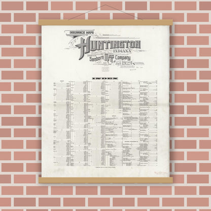 Old map wall art mockup — magnetic wood frame on brick wall — Sanborn Fire Insurance Map from Huntington, Huntington County, Indiana (1929), Sheet #0001