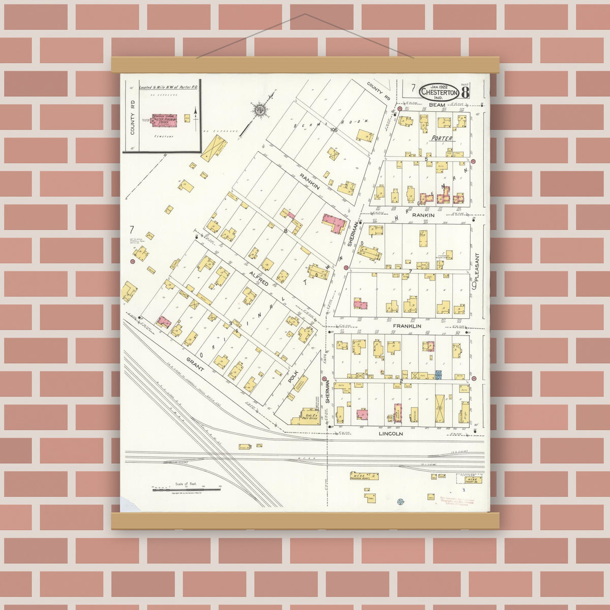 Old map wall art mockup — magnetic wood frame on brick wall — Sanborn Fire Insurance Map from Chesterton, Porter County, Indiana (1922), Sheet #0008
