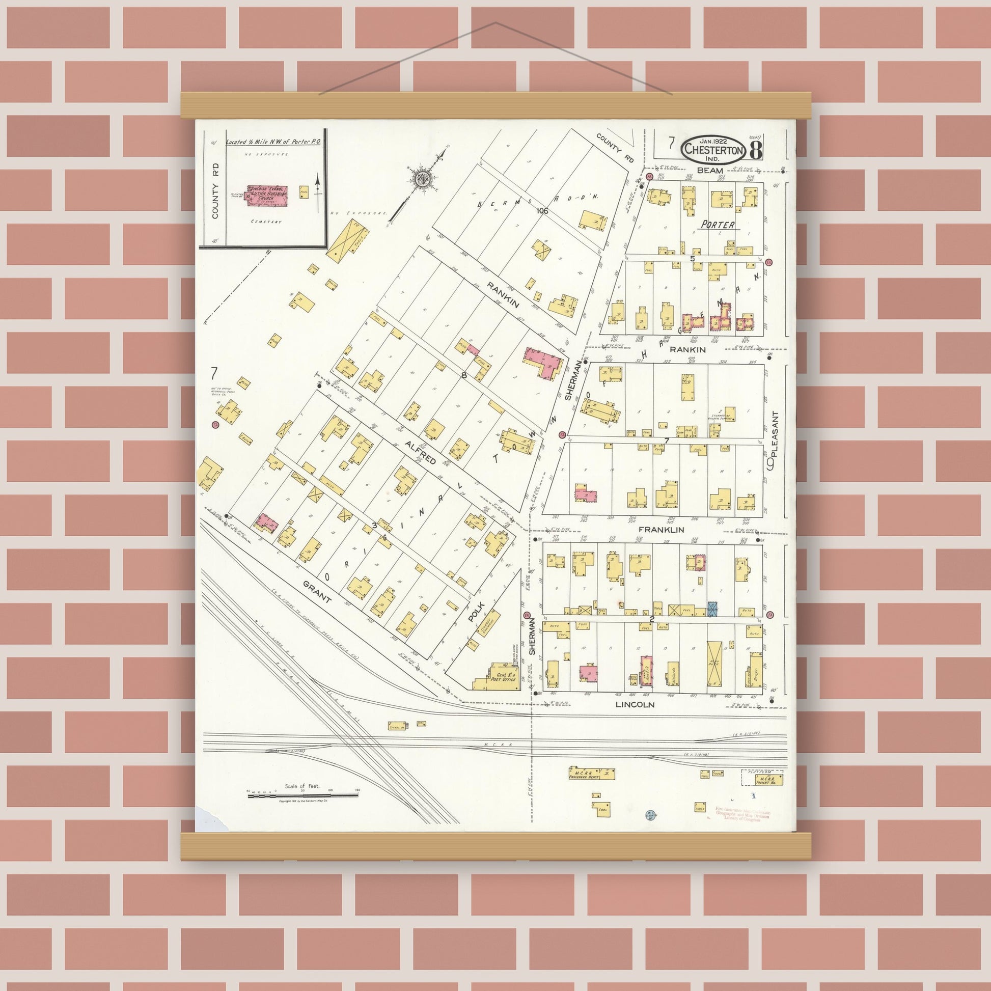 Old map wall art mockup — magnetic wood frame on brick wall — Sanborn Fire Insurance Map from Chesterton, Porter County, Indiana (1922), Sheet #0008