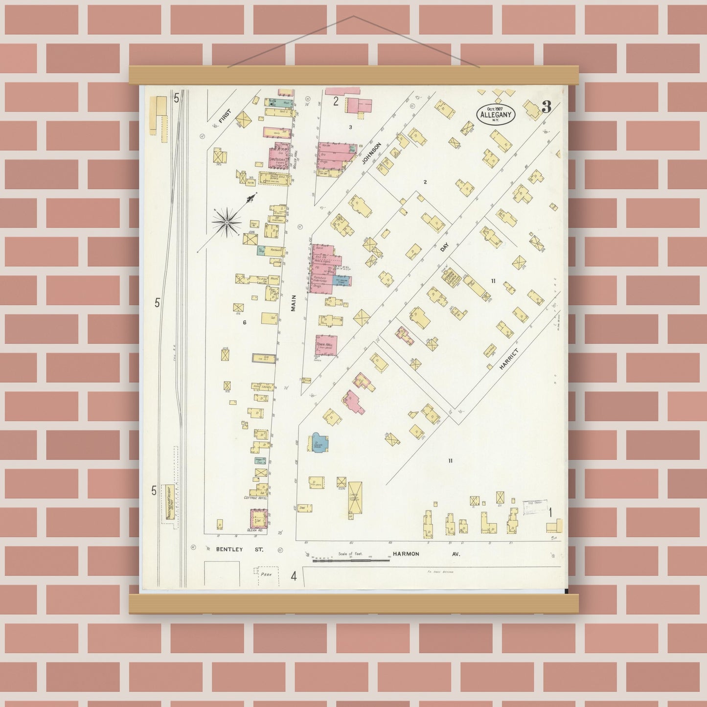 Old map wall art mockup — magnetic wood frame on brick wall — Sanborn Fire Insurance Map from Allegany, Cattaraugus County, New York (1907), Sheet #0003