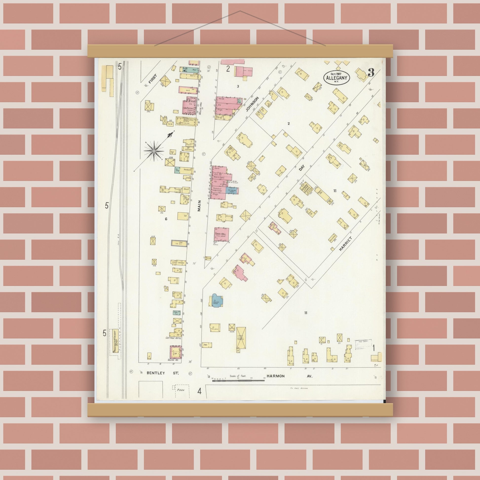 Old map wall art mockup — magnetic wood frame on brick wall — Sanborn Fire Insurance Map from Allegany, Cattaraugus County, New York (1907), Sheet #0003