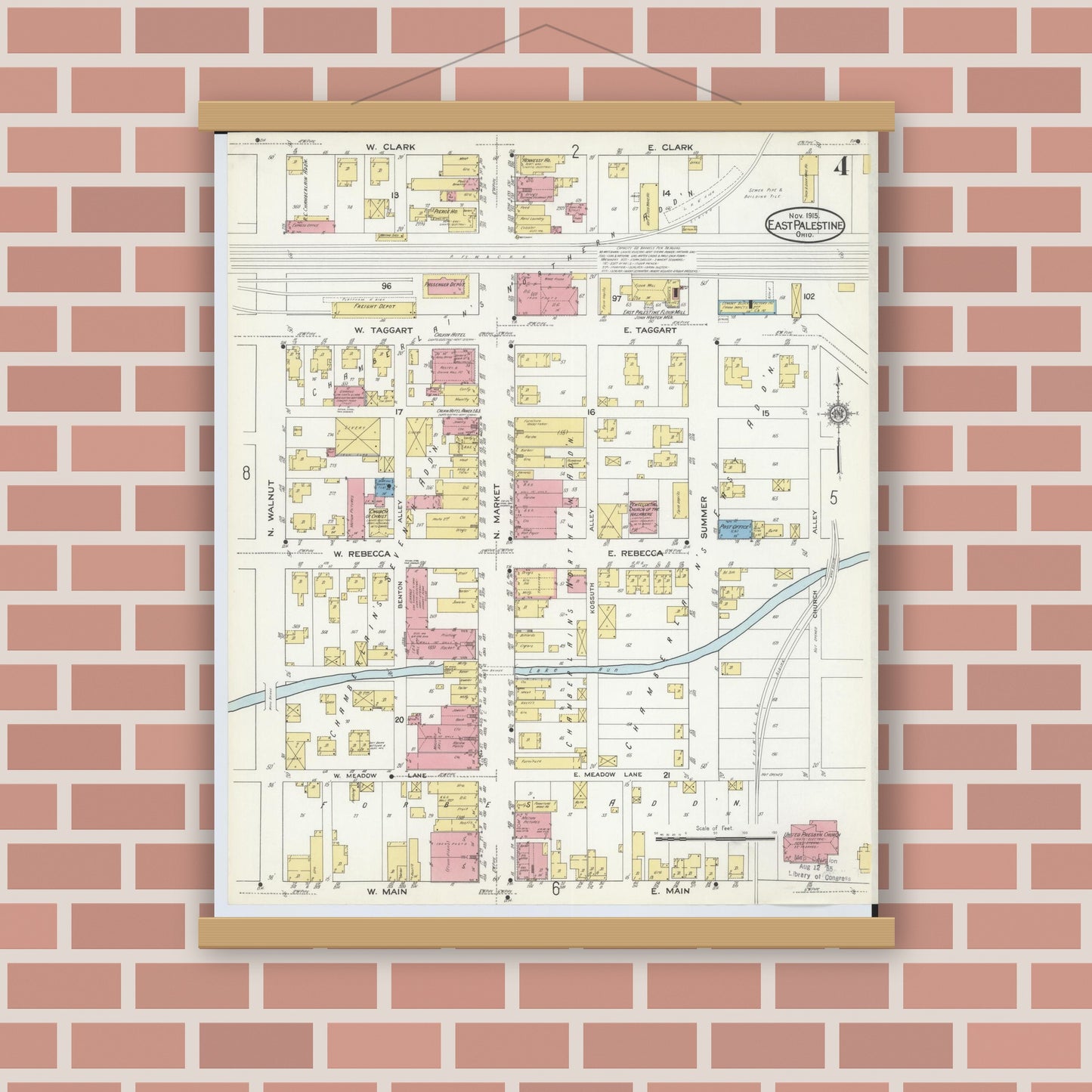 Old map wall art mockup — magnetic wood frame on brick wall — Sanborn Fire Insurance Map from East Palestine, Columbiana County, Ohio (1915), Sheet #0004