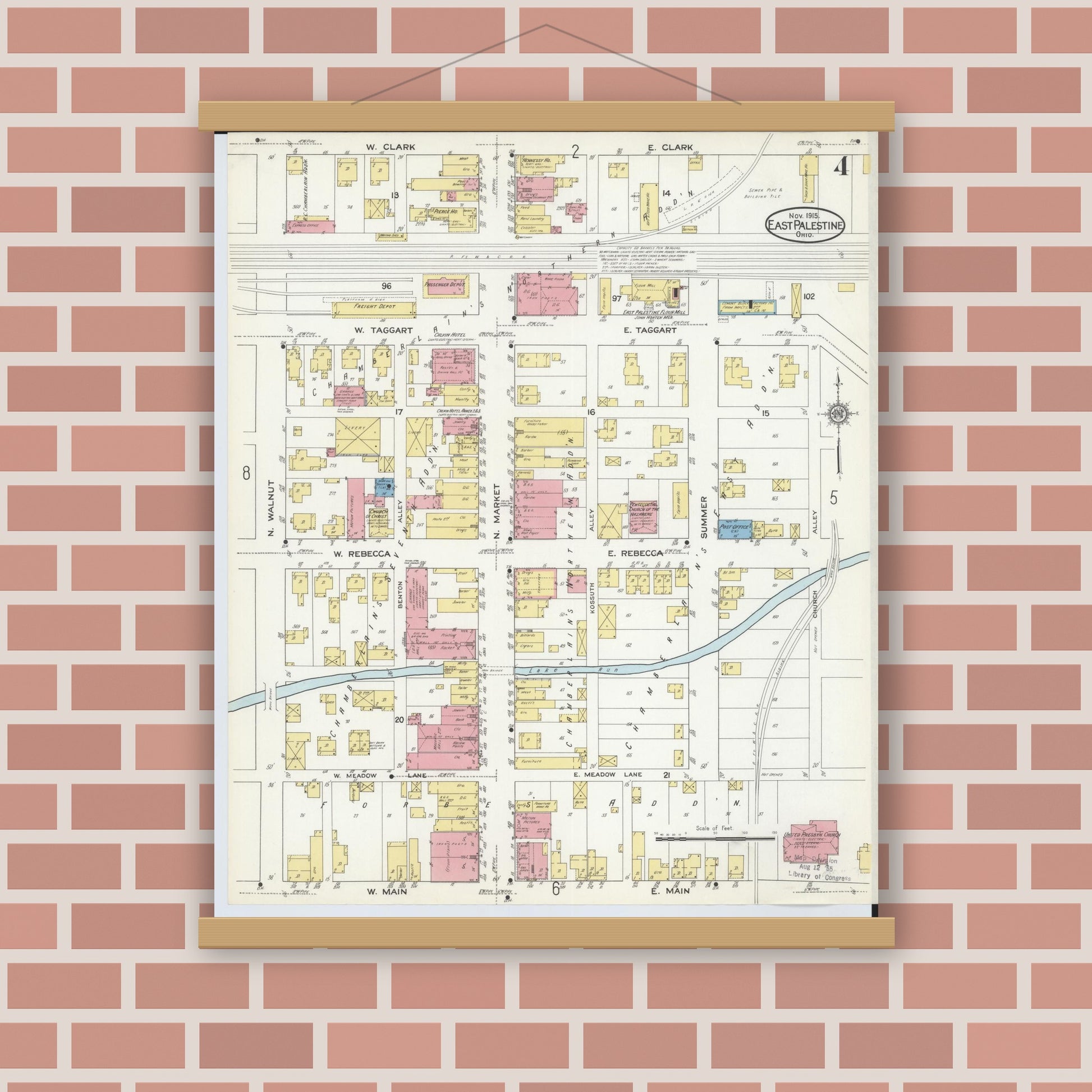 Old map wall art mockup — magnetic wood frame on brick wall — Sanborn Fire Insurance Map from East Palestine, Columbiana County, Ohio (1915), Sheet #0004