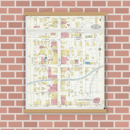 Old map wall art mockup — magnetic wood frame on brick wall — Sanborn Fire Insurance Map from East Palestine, Columbiana County, Ohio (1915), Sheet #0004