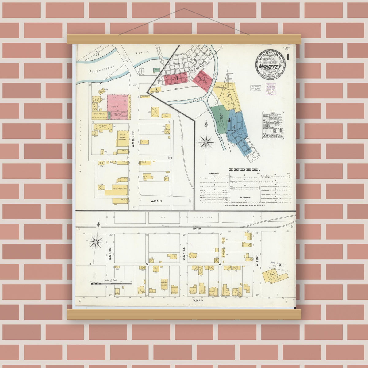 Old map wall art mockup — magnetic wood frame on brick wall — Sanborn Fire Insurance Map from Mahaffly, Clearfield County, Pennsylvania (1903), Sheet #0001