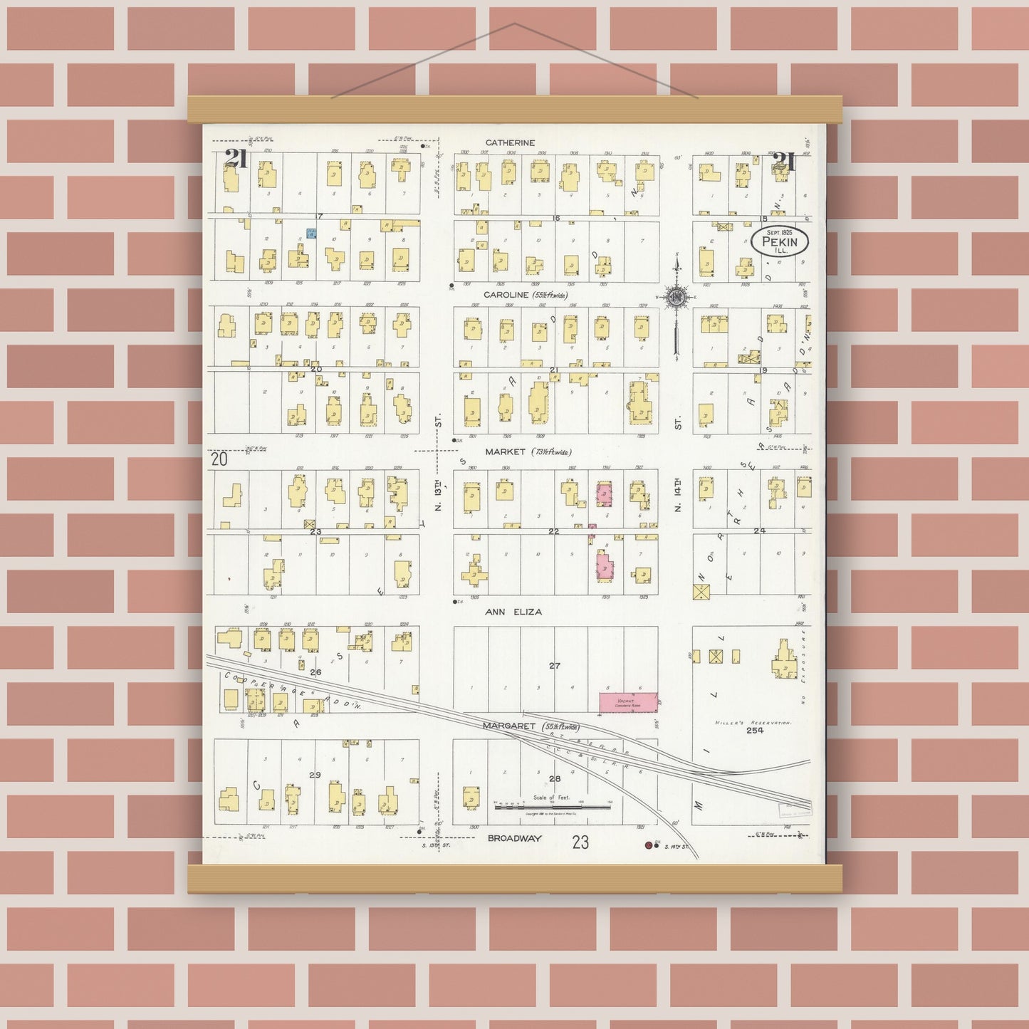 Old map wall art mockup — magnetic wood frame on brick wall — Sanborn Fire Insurance Map from Pekin, Tazewell County, Illinois (1925), Sheet #0021