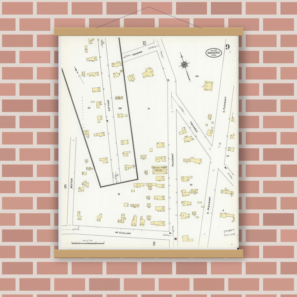 Old map wall art mockup — magnetic wood frame on brick wall — Sanborn Fire Insurance Map from Amherst, Hampshire County, Massachusetts (1910), Sheet #0009