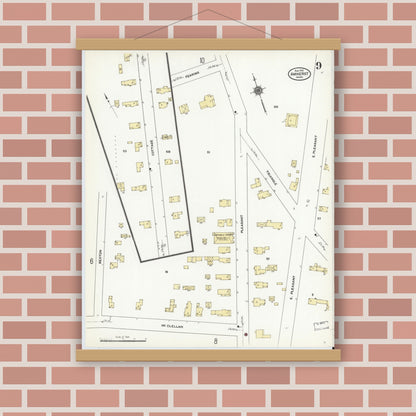 Old map wall art mockup — magnetic wood frame on brick wall — Sanborn Fire Insurance Map from Amherst, Hampshire County, Massachusetts (1910), Sheet #0009