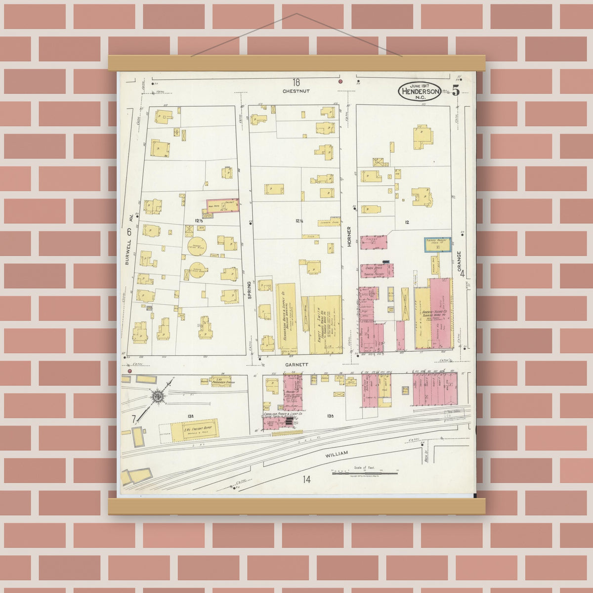 Old map wall art mockup — magnetic wood frame on brick wall — Sanborn Fire Insurance Map from Henderson, Vance County, North Carolina (1917), Sheet #0005