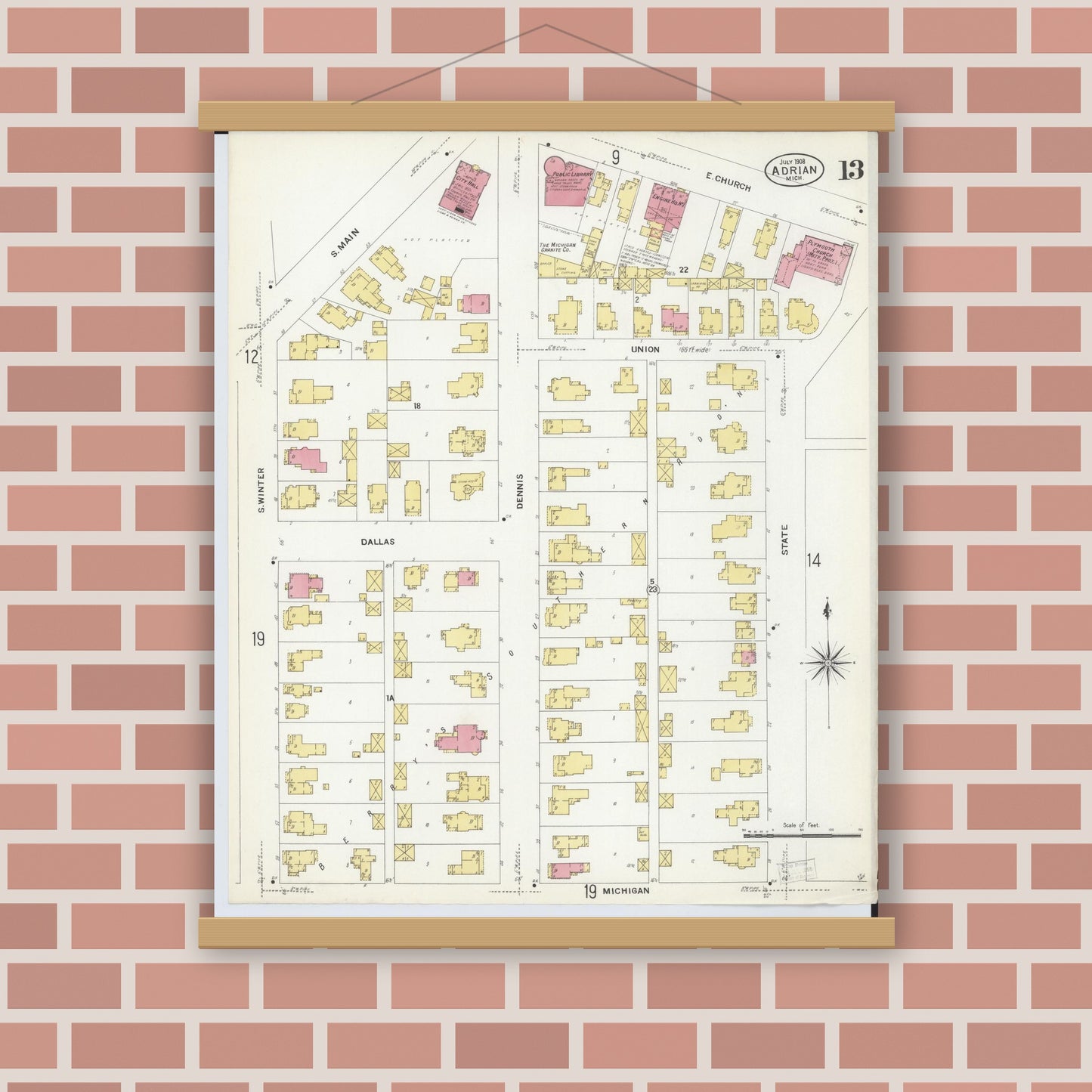 Old map wall art mockup — magnetic wood frame on brick wall — Sanborn Fire Insurance Map from Adrian, Lenawee County, Michigan (1908), Sheet #0013