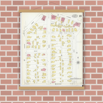 Old map wall art mockup — magnetic wood frame on brick wall — Sanborn Fire Insurance Map from Adrian, Lenawee County, Michigan (1908), Sheet #0013
