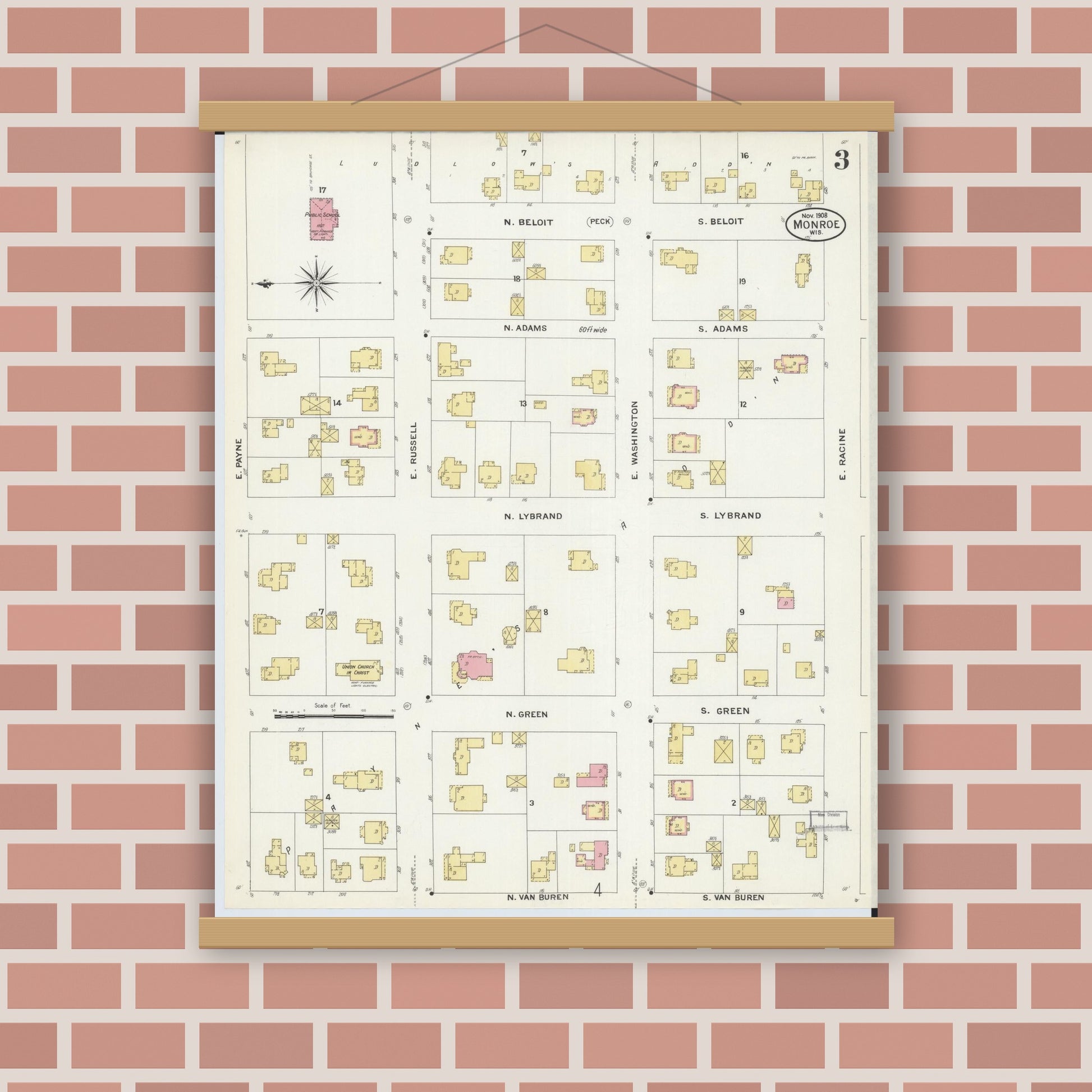 Old map wall art mockup — magnetic wood frame on brick wall — Sanborn Fire Insurance Map from Monroe, Green County, Wisconsin (1908), Sheet #0003
